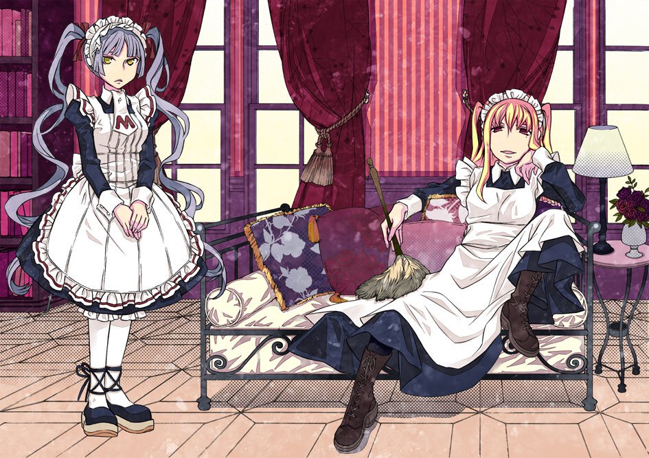 1girl alternate_costume black_footwear blonde_hair bookshelf boots brown_footwear crossdressing curtains endou_minari enmaided feather_duster flower hand_on_own_cheek indoors lamp long_hair maid maria_holic on_bed open_mouth otoko_no_ko pillow purple_hair shidou_mariya shinouji_matsurika shoes sitting twintails vase