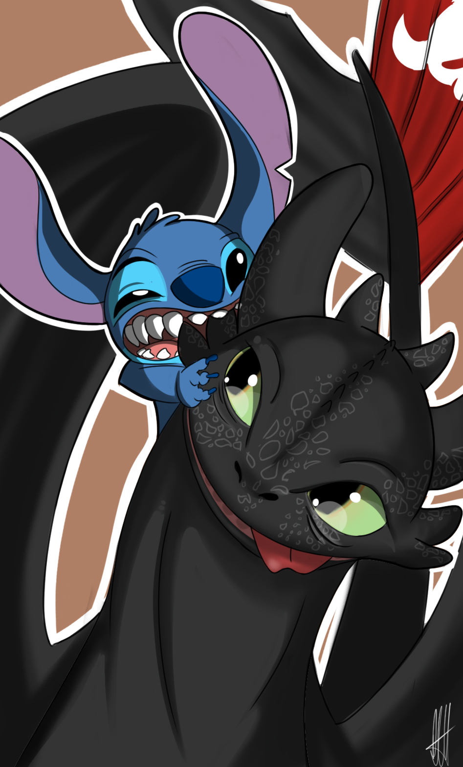 2016 alien big_ears bigstrokeofthebrush bite black_eyes black_scales blue_claws blue_fur blue_nose brown_background claws crossover digital_drawing_(artwork) digital_media_(artwork) disney dragon dreamworks duo experiment_(species) fur green_sclera head_tuft hi_res how_to_train_your_dragon lilo_and_stitch looking_at_another night_fury notched_ear open_mouth outline scales signature simple_background size_difference stitch tongue tongue_out toothless