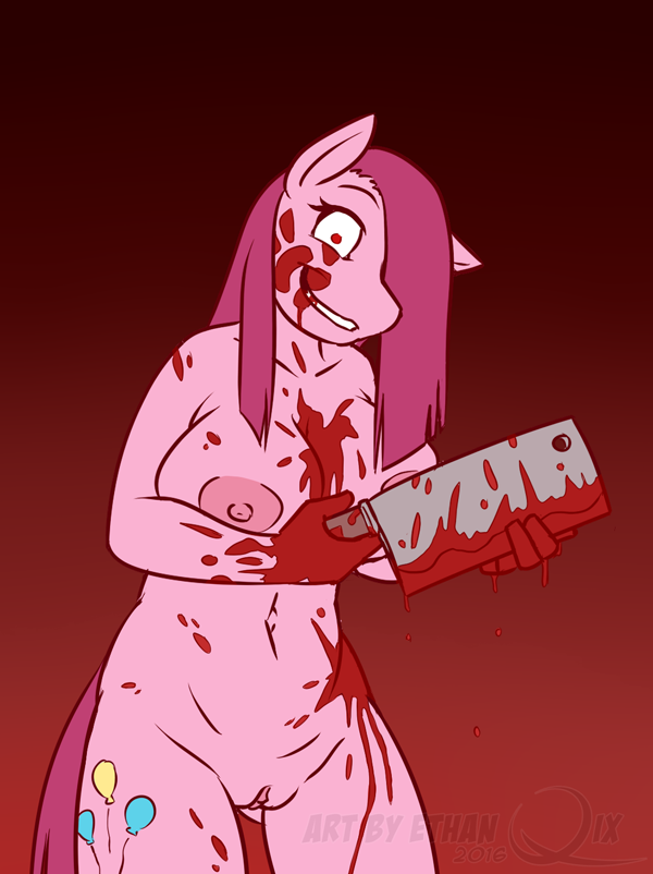 2016 anthro anthrofied areola blood equine ethanqix female friendship_is_magic horse mammal meat_cleaver my_little_pony nipples nude pinkamena_(mlp) pinkie_pie_(mlp) pony pussy red_eyes solo