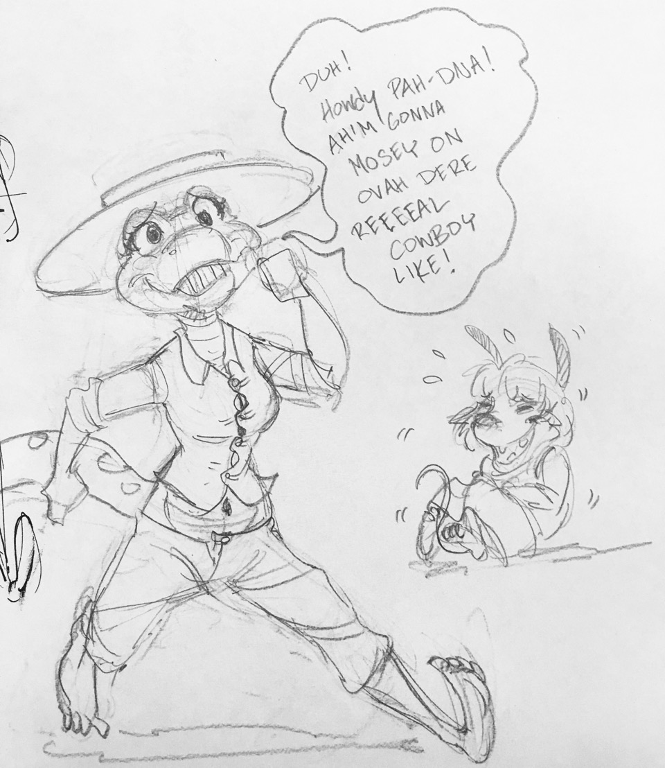 anthro barefoot breasts clothed clothing dialogue duo english_text female grin hat jamil_(artist) laugh lizard luellen mammal marsupial maude mocking monochrome opossum pussy reptile scalie sketch text the_tale_of_jasper_gold tight_clothing