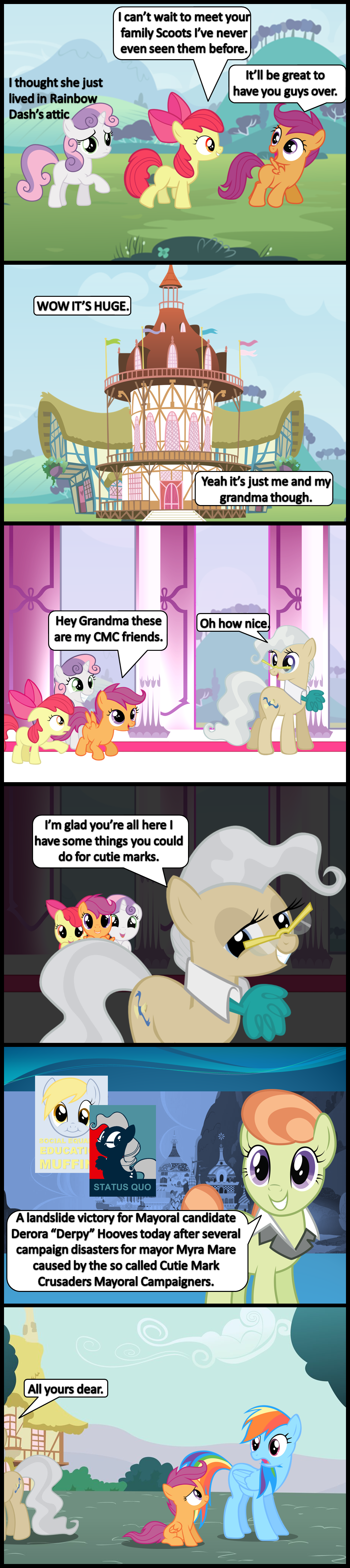 2014 absurd_res apple_bloom_(mlp) blue_fur bronybyexception clothing cloud comic cutie_mark_crusaders_(mlp) dialogue english_text equine female feral flower friendship_is_magic fur grass group hair hi_res hill horn horse landscape mammal mayor_mare_(mlp) multicolored_hair my_little_pony nature orange_fur outside plant pony ponyville purple_hair rainbow_dash_(mlp) rainbow_hair red_hair scootaloo_(mlp) sky sweetie_belle_(mlp) text tree unicorn unknown_character white_fur window yellow_fur