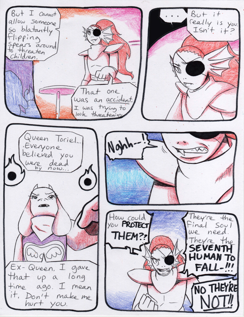 aftertale boss_monster caprine clothed clothing comic dialogue english_text eye_patch eyewear female fish goat group human loverofpiggies male mammal marine protagonist_(undertale) stool text toriel undertale undyne video_games