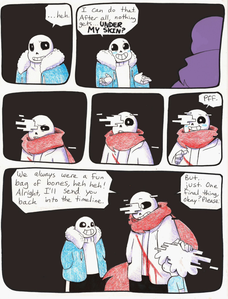 aftertale animated_skeleton better_version_at_source blood blush bone clothed clothing comic dialogue english_text group human loverofpiggies male mammal not_furry protagonist_(undertale) sans_(undertale) skeleton text undead undertale video_games wounded
