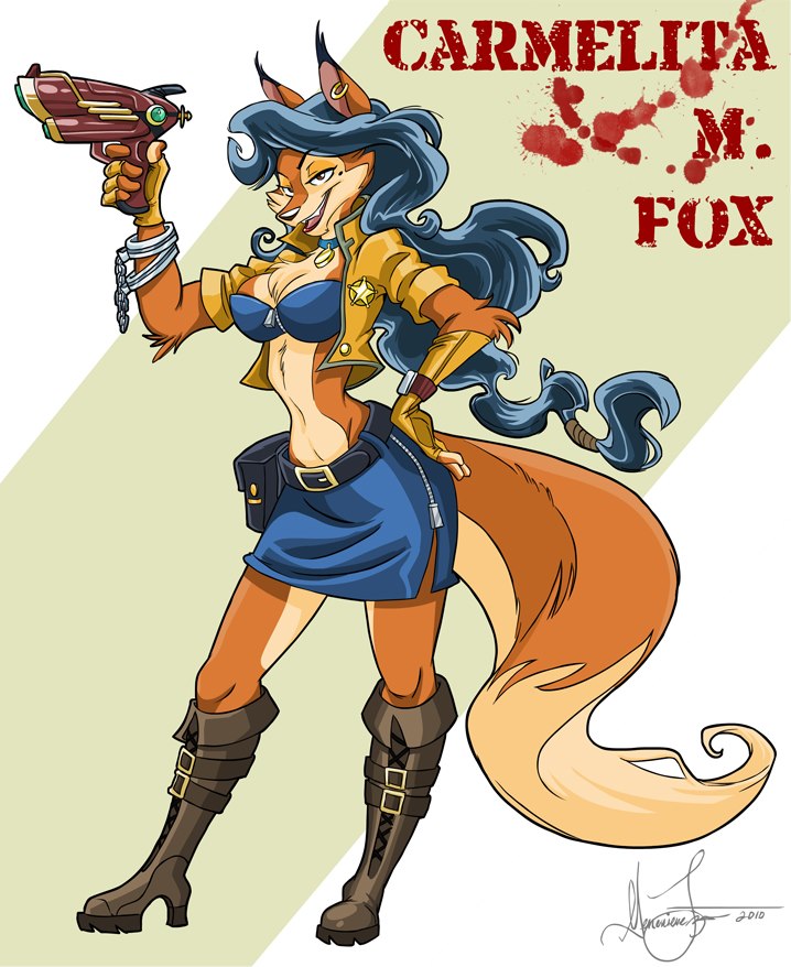 anthro breasts canine carmelita_fox cleavage clothed clothing collar ear_piercing female fox genevieve_tsai gun hair handcuffs high_heels mammal miniskirt official_art piercing police ranged_weapon shackles skirt sly_cooper_(series) solo video_games weapon