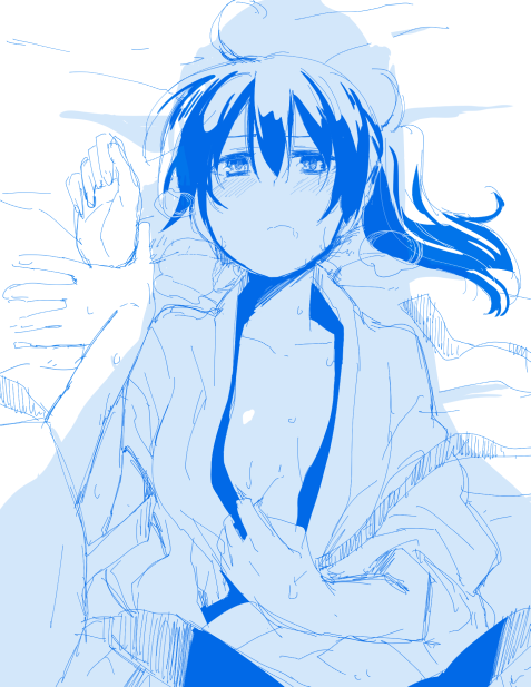 blue breasts collarbone japanese_clothes kaga_(kantai_collection) kantai_collection large_breasts long_hair looking_at_viewer lying monochrome myama on_back on_bed open_clothes pov side_ponytail sketch solo sweat undressing upper_body