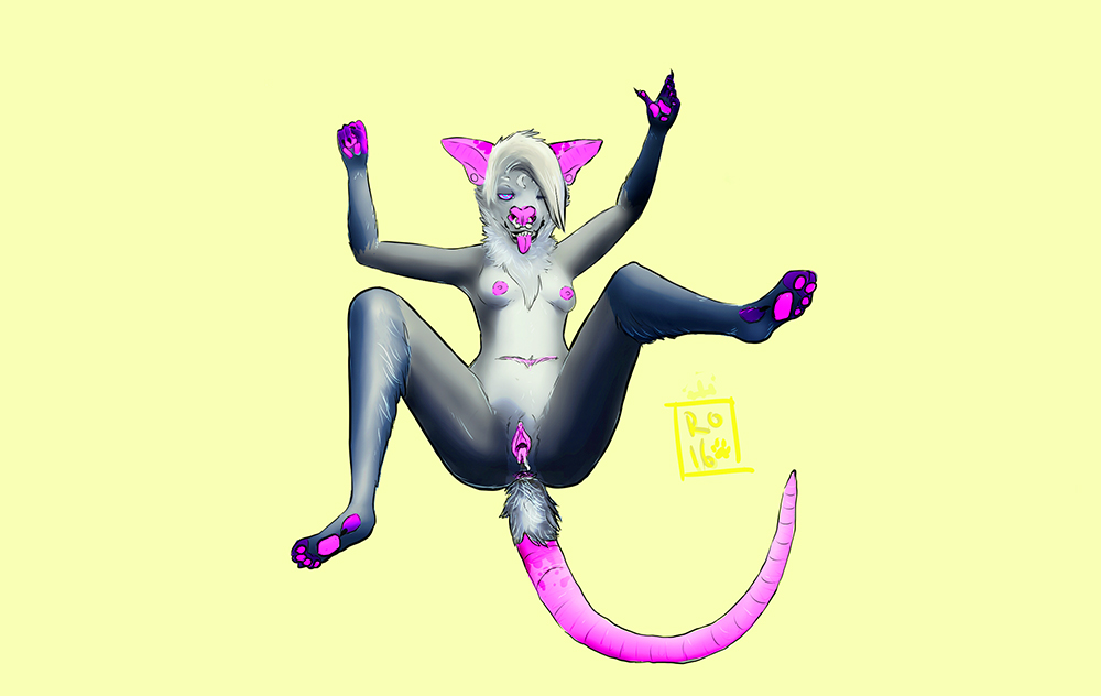 2016 anthro anthro_fox breasts butt cum cum_inside digital_media_(artwork) female fur gaping gaping_pussy hair looking_at_viewer mammal marsupial nipples nude opossum pouch pussy simple_background solo spread_legs spreading tongue