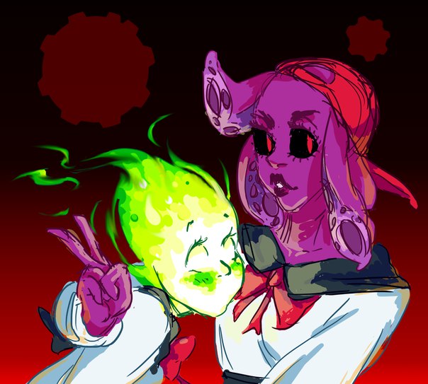 breasts clothed clothing duo elemental eyelashes female female/female fire_elemental fuku_fire looking_at_viewer monster mouthless school_uniform tentacles undertale uniform video_games