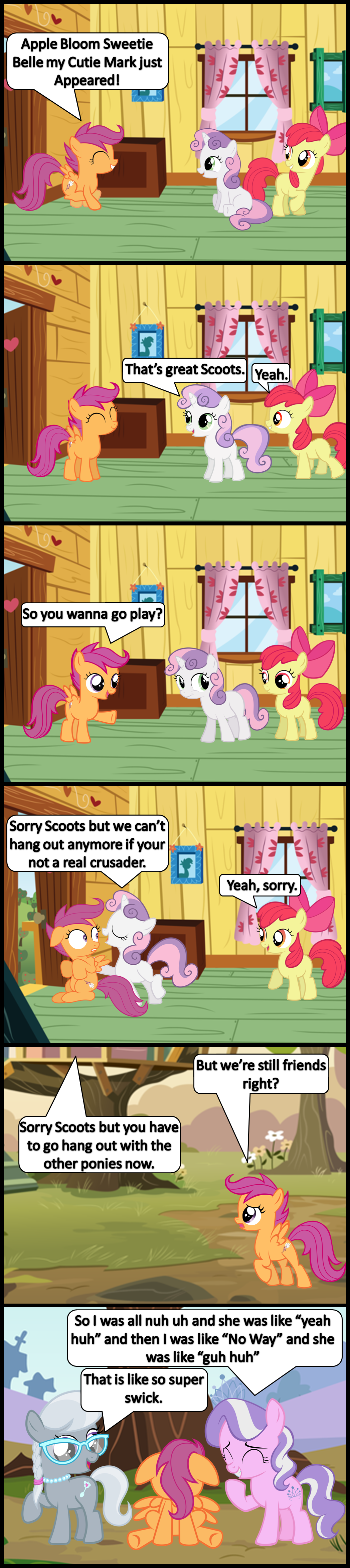 2013 absurd_res apple_bloom_(mlp) bad_end bow bronybyexception clothing comic cutie_mark_crusaders_(mlp) dialogue diamond_tiara_(mlp) english_text equine female feral flower friendship_is_magic fur furniture grass group hair hi_res horn horse house mammal multicolored_hair my_little_pony orange_fur plant pony ponyville purple_hair red_hair scootaloo_(mlp) silver_spoon_(mlp) sky sweetie_belle_(mlp) text tree unicorn white_fur window yellow_fur