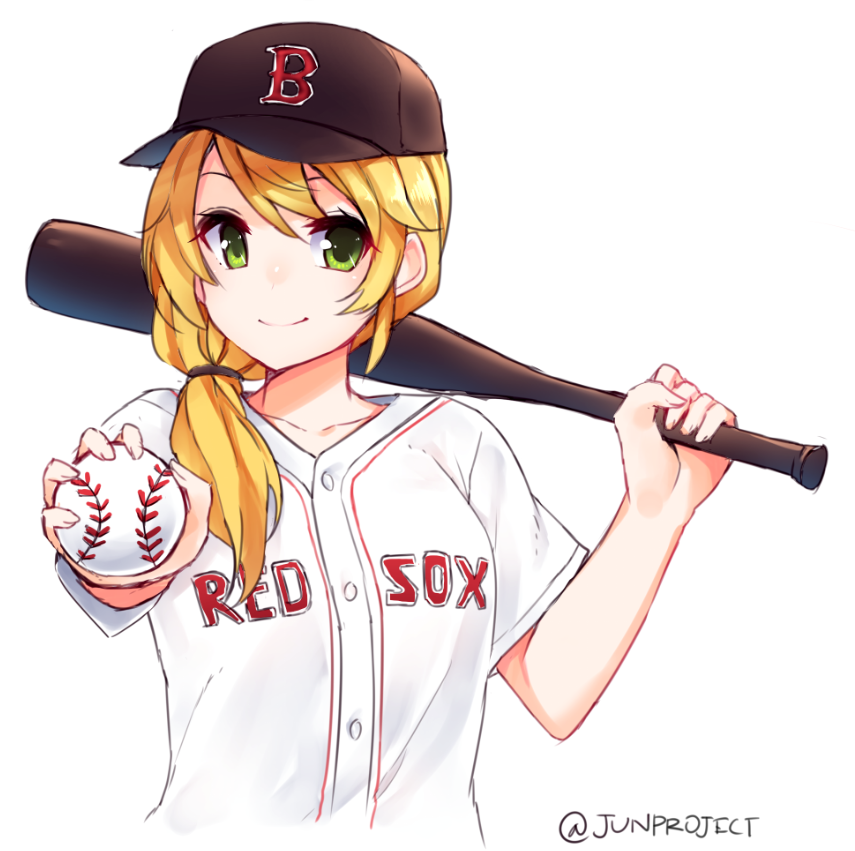 artist_name ball baseball baseball_bat baseball_cap baseball_uniform blonde_hair blush boston_red_sox brown_hat brown_ribbon buttons closed_mouth clothes_writing collarbone ellen_baker green_eyes hair_over_shoulder hair_ribbon hat holding holding_ball jun_project long_hair low_ponytail major_league_baseball new_horizon outstretched_arm over_shoulder ribbon shirt simple_background smile solo sportswear stitches upper_body uppercut white_background white_shirt