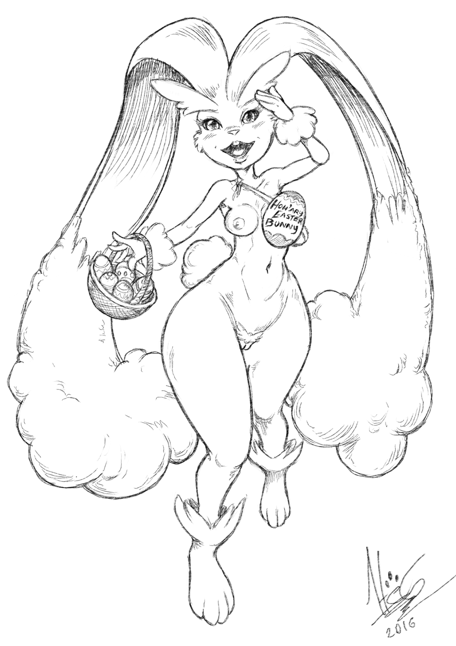 2016 anthro anthrofied basket big_ears blush breasts clothed clothing easter egg english_text female front_view happy helmeet_el_gato holidays long_ears looking_at_viewer lopunny monochrome nintendo nipples nude pok&eacute;mon pussy skimpy smile solo text video_games wide_hips