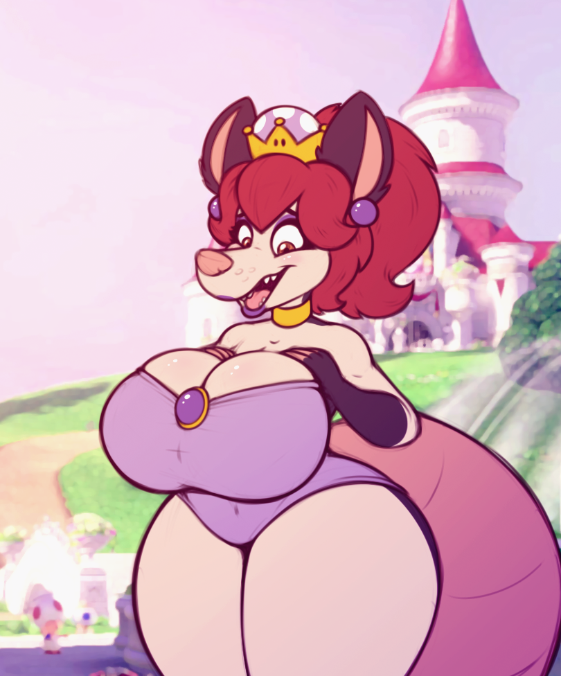 2018 big_breasts breasts castle choker cleavage clothed clothing collar crown didelphid eyeshadow female leotard lipstick makeup mammal marsupial princess purple_eyeshadow purple_lipstick royalty solo stunnerpony super_crown tania_(stunnerpone)