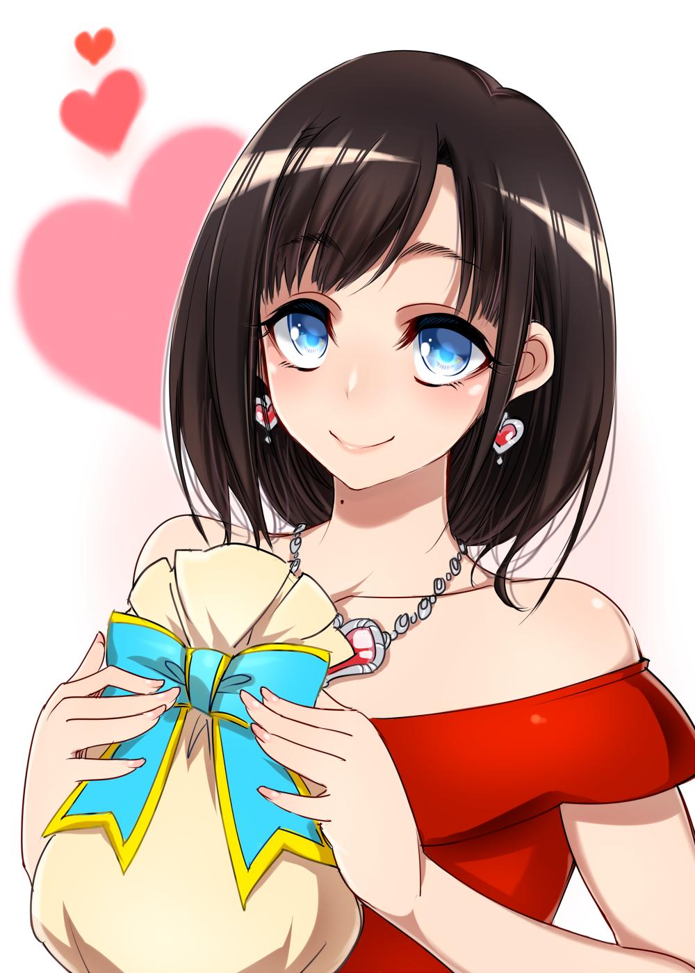 1girl bag bangs bare_shoulders black_hair blue_bow blue_eyes blush bow collarbone commentary_request earrings eyebrows_visible_through_hair heart heart_earrings heart_pendant highres holding holding_bag jewelry looking_at_viewer mole mole_on_neck off-shoulder_shirt off_shoulder original pendant red_shirt shirt short_hair simple_background smile solo tajima_yuuki upper_body white_background