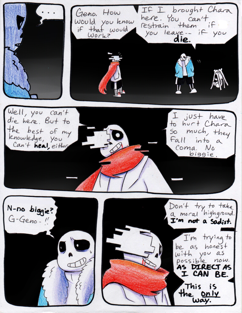 aftertale animated_skeleton blood bone clothed clothing comic dialogue english_text geno_sans_(aftertale)_(character) human loverofpiggies male mammal not_furry protagonist_(undertale) sans_(undertale) scarf skeleton text undead undertale video_games wounded