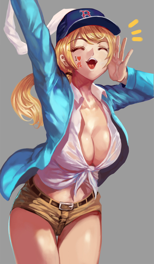 1girl ^_^ arm_up baseball_cap belt black_scrunchie blonde_hair blue_hat blue_jacket body_writing boston_red_sox breasts caucasian cheering cleavage closed_eyes clothes_writing collared_shirt cowboy_shot ellen_baker facepaint front-tie_top grey_background hair_ornament hair_scrunchie hair_tie hat jacket large_breasts long_hair long_sleeves low_ponytail major_league_baseball midriff new_horizon non-asian open_mouth palms scrunchie see-through shirt short_shorts shorts simple_background solo stomach thigh_gap tied_shirt whistlerx white_shirt
