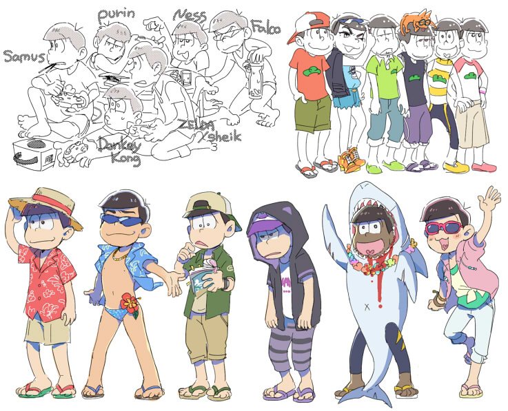 alternate_costume animal animal_on_head backwards_hat baseball_cap book boots brothers cat esper_nyanko game_console gamecube gamecube_controller hanakuso hands_in_pockets hat hawaiian_shirt heart heart_in_mouth hood hoodie jacket leather leather_jacket male_focus male_swimwear matsuno_choromatsu matsuno_ichimatsu matsuno_juushimatsu matsuno_karamatsu matsuno_osomatsu matsuno_todomatsu multiple_boys on_head osomatsu-kun osomatsu-san pants pants_rolled_up polo_shirt sandals sextuplets shark_costume shirt short_shorts short_sleeves shorts siblings smile striped striped_pants sun_hat sunglasses super_smash_bros. swim_briefs swimwear t-shirt tan tank_top