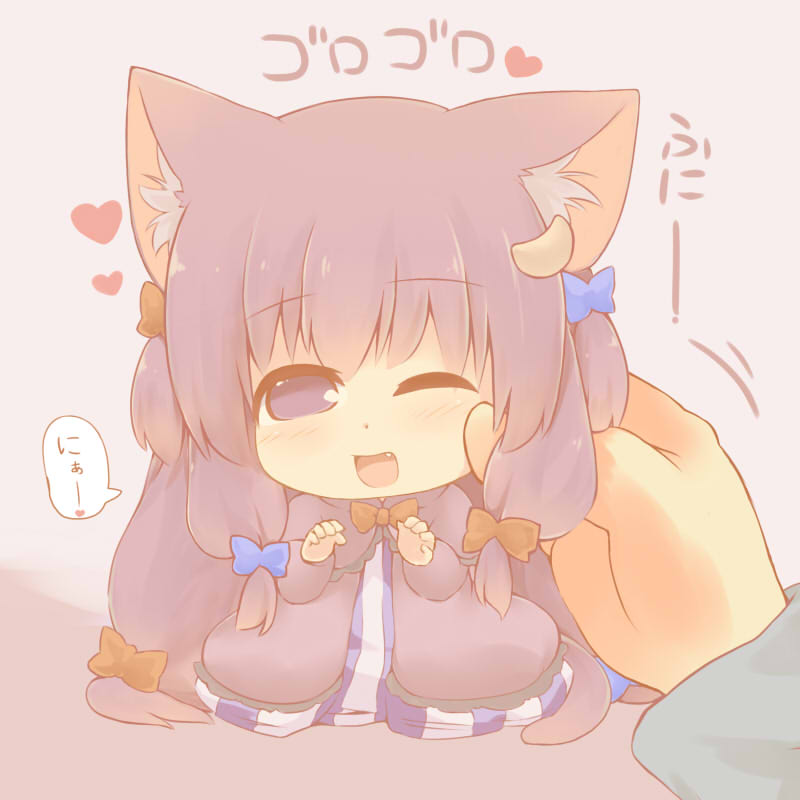 1girl ;d animal_ears blush bow cape capelet cat_ears cat_tail catchouli cloak commentary dress fang hair_bow hazuki_ruu heart kemonomimi_mode minigirl one_eye_closed open_mouth patchouli_knowledge petting purple_eyes purple_hair smile tail touhou