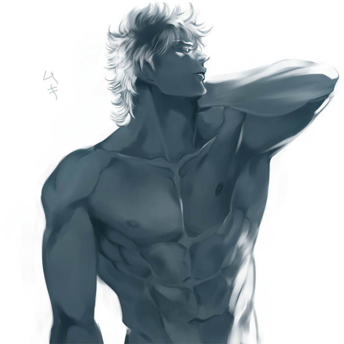 abs backlighting caesar_anthonio_zeppeli chaashuu closed_eyes collarbone greyscale hand_on_own_neck jojo_no_kimyou_na_bouken male_focus monochrome muscle pose shirtless solo upper_body