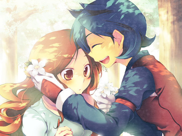 1girl blue_hair blush couple flower hetero inazuma_eleven inazuma_eleven_(series) laughing long_hair maro_(nikeneko523) raimon_natsumi rococo_urupa scarf short_hair surprised wide-eyed