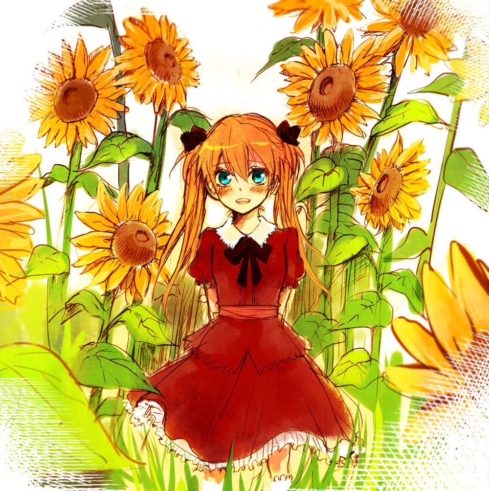 :d apu aqua_eyes arms_behind_back bad_id bad_pixiv_id blush bow brown_hair dress flower frills neon_genesis_evangelion open_mouth orange_hair red_dress shikinami_asuka_langley smile solo souryuu_asuka_langley sunflower twintails younger