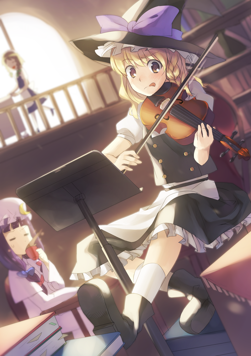 :q =_= blonde_hair bow_(instrument) cup dutch_angle hat instrument izayoi_sakuya kirisame_marisa multiple_girls patchouli_knowledge purple_hair spill sunlight teacup tongue tongue_out touhou violin weee_(raemz) witch_hat