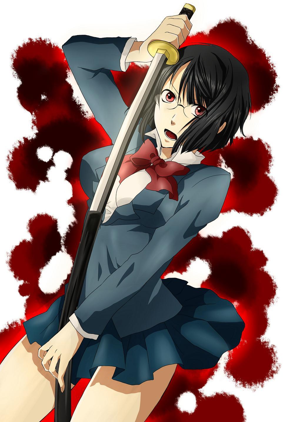 bad_id bad_pixiv_id black_hair bob_cut breasts durarara!! glasses highres large_breasts pleated_skirt red_eyes school_uniform short_hair skirt solo sonohara_anri sword weapon zinserhamoe