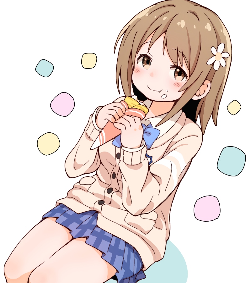 1girl :t blue_neckwear blue_skirt blush bow bowtie brown_cardigan brown_eyes brown_hair cardigan closed_mouth collared_shirt colored_shadow crepe ddak5843 dutch_angle eating flower food food_on_face hair_flower hair_ornament hands_up holding holding_food idolmaster idolmaster_cinderella_girls long_hair long_sleeves mimura_kanako pleated_skirt school_uniform shadow shirt sitting skirt sleeves_past_wrists solo white_background white_flower white_shirt