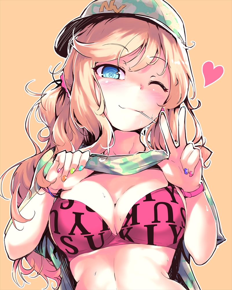 ;3 alternate_costume bangs blonde_hair blue_eyes blush bra bracelet breasts camouflage character_name cleavage closed_mouth clothes_writing eyebrows eyebrows_visible_through_hair hair_ornament hair_scrunchie hat heart idolmaster idolmaster_cinderella_girls jewelry lifted_by_self long_hair looking_at_viewer medium_breasts messy_hair mouth_hold multicolored multicolored_nails nail_polish one_eye_closed ootsuki_yui orange_background pink_bra rca scrunchie shirt_lift side_ponytail simple_background smile solo star sweat swept_bangs underwear upper_body