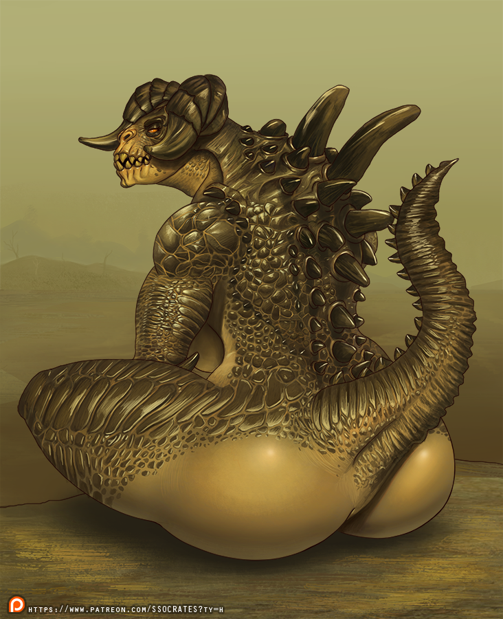 2016 anthro big_butt breasts butt da_polar_inc deathclaw fallout female green_scales horn looking_at_viewer looking_back nude raised_tail rear_view scales scalie side_boob sitting solo teeth video_games