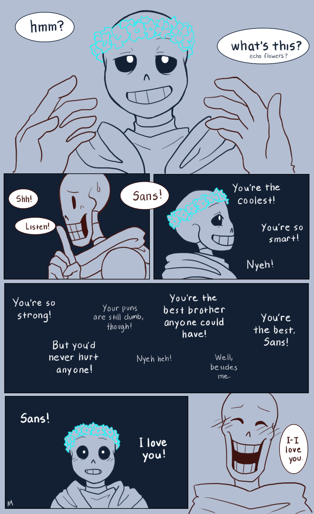 &lt;3 animated_skeleton blush bone comic confession cute dialogue echo_flower english_text flower flower_crown male male/male papyrus_(undertale) plant sans_(undertale) skeleton text undead undertale unknown_artist video_games