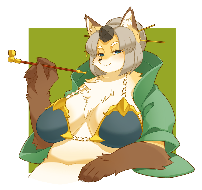 anthro big_breasts bra breasts canine chest_tuft clothing concon-collector female fox fur hair_up half-length_portrait hermit_fox_byakudan looking_at_viewer mammal pipe portrait solo tuft underwear yow