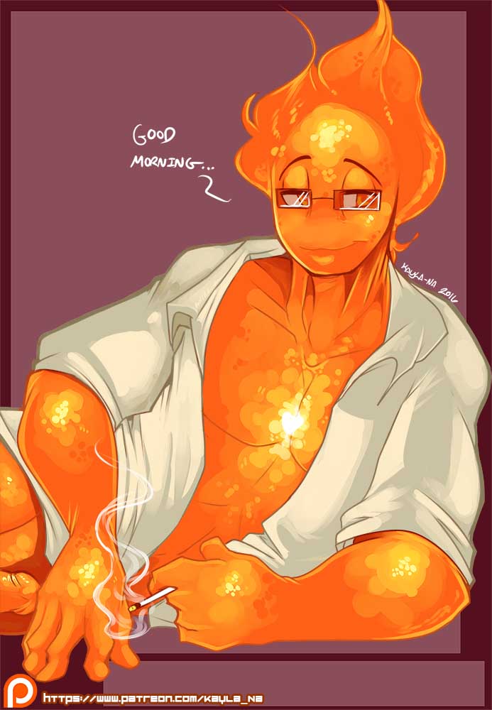 anthro cigarette clothed clothing dialogue english_text erection eyewear fire glasses grillby half-closed_eyes kayla-na looking_away lying male monster on_floor on_side pecs penis smile solo text undertale video_games