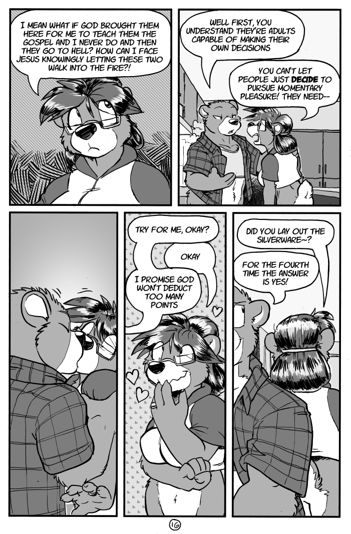 a&amp;h_club anthro bear beverage bottomless christianity clothed clothing coffee comic digital_media_(artwork) eliza female food fur henry_jones male mammal monochrome religion rick_griffin