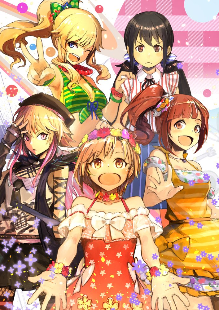 &gt;:( :d aiba_yumi bare_shoulders black_hair blonde_hair blue_eyes blush bow bracelet breasts brown_eyes brown_hair cleavage clenched_hand collar fingerless_gloves flower frown gloves hair_bow hair_flower hair_ornament hair_ribbon hand_on_another's_shoulder hat holysnow idolmaster idolmaster_cinderella_girls igarashi_kyouko jewelry long_hair looking_at_viewer low_twintails medium_breasts multicolored_hair multiple_girls nakano_yuka ninomiya_asuka one_eye_closed ootsuki_yui open_hands open_mouth orange_hair pink_eyes pink_hair ponytail purple_hair ribbon short_hair side_ponytail smile twintails two-tone_hair v v-shaped_eyebrows