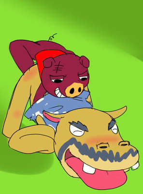 all_fours anal anal_penetration animal_crossing beard bottomless buckteeth clothed clothing doggystyle facial_hair from_behind_position green_background harry(animal_crossing) hippopotamus kerokamina male male/male mammal nintendo penetration pig porcine rasher(animal_crossing) scar sex simple_background teeth thick_eyebrows video_games