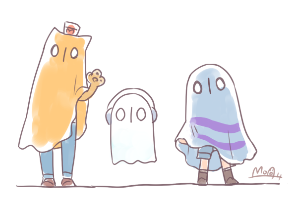 androgynous artist_name burgerpants cosplay frisk_(undertale) ghost ghost_costume hat hato_moa headphones multiple_boys napstablook napstablook_(cosplay) odd_one_out undertale waving