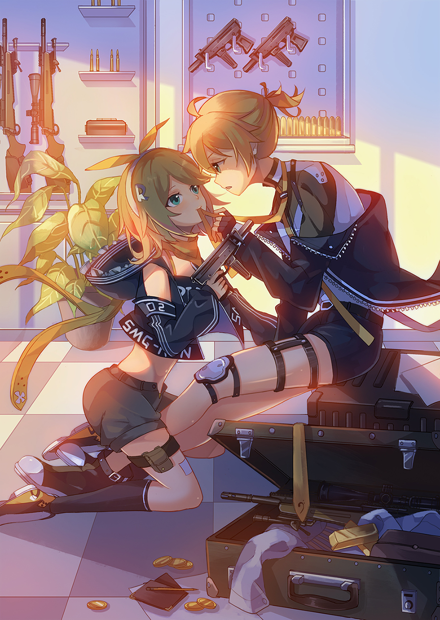 1boy 1girl aqua_eyes assault_rifle bass_clef belt black_hoodie blonde_hair bow brother_and_sister bullet covered_mouth crossover detached_sleeves eye_contact flower_pot frill_trim girls_frontline gold_bar gold_coin gun hair_bow hair_ornament highres hood hoodie jacket kagamine_len kagamine_rin knee_pads kneeling leather leather_jacket leg_holster letter_hair_ornament looking_at_another machine_gun neckerchief necktie necktie_in_mouth open_clothes open_shorts plant rifle shoes short_hair shorts siblings sitting sleeveless sleeveless_hoodie smile sneakers sniper_rifle socks suitcase teasing twins vocaloid weapon window_shade yasuna_(nanjiang) yellow_neckwear zipper