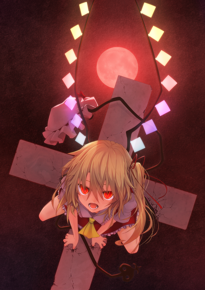 ascot blonde_hair broken cross crystal dutch_angle fangs flandre_scarlet from_above full_moon hair_ribbon hat hat_removed headwear_removed highres laevatein looking_at_viewer mob_cap moon open_mouth puffy_sleeves red_eyes red_moon ribbon shirt short_sleeves side_ponytail skirt skirt_set slit_pupils solo tangent_(reflans) touhou vest wings