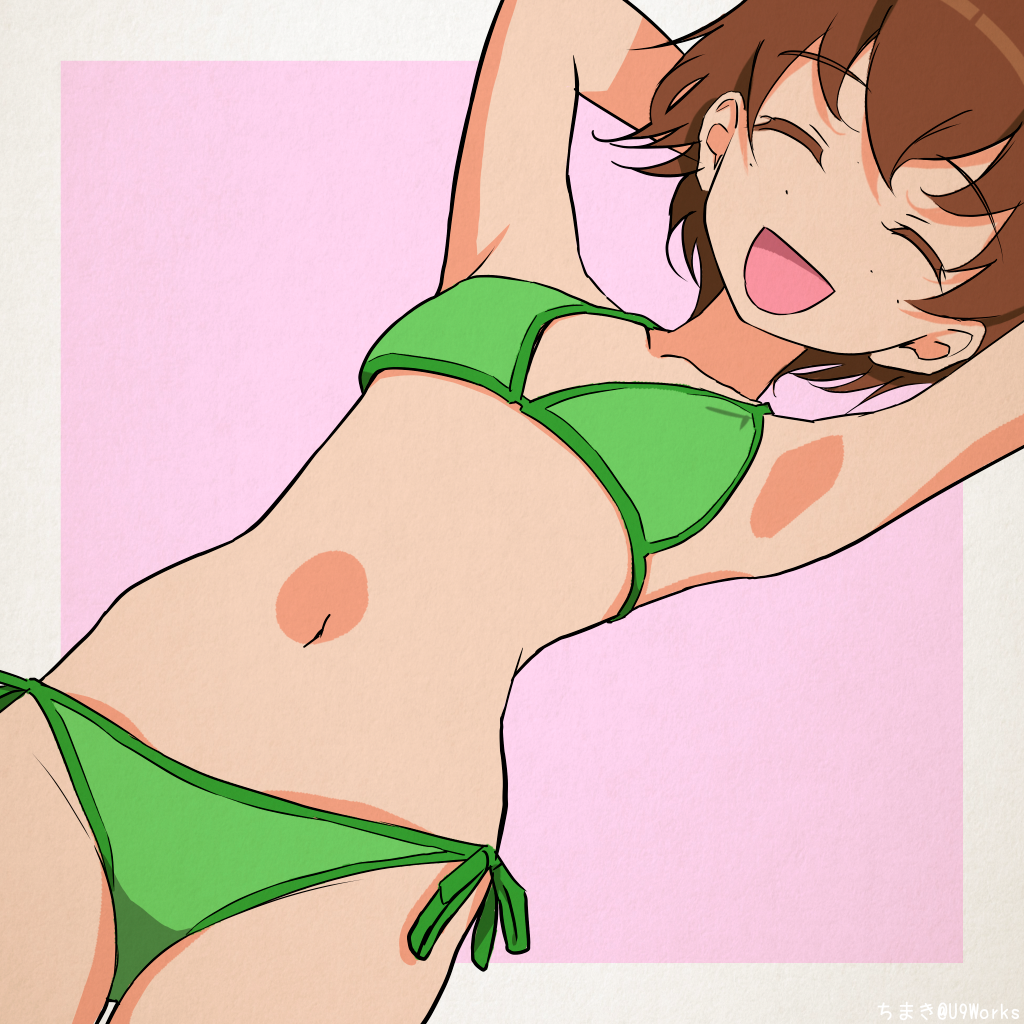 1girl :d akagi_(fmttps) arms_behind_head arms_up bangs bikini brown_hair commentary_request eyebrows_visible_through_hair eyes_closed freckles girls_und_panzer green_bikini navel open_mouth outside_border purple_background short_hair side-tie_bikini smile solo swimsuit tsuchiya_(girls_und_panzer) twitter_username