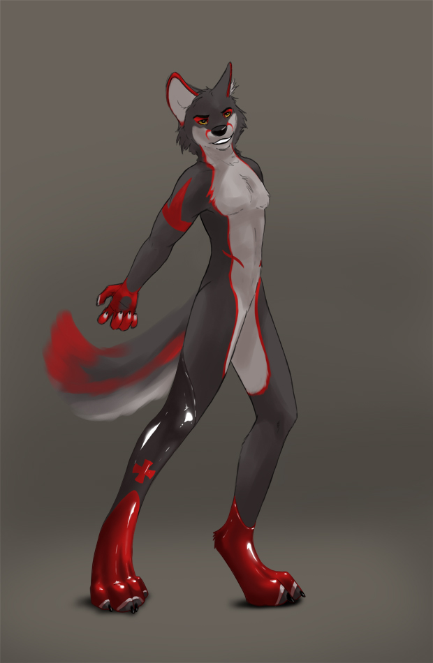 4_toes anthro canine claws digital_media_(artwork) digitigrade female fuzz-wolf gender_transformation hindpaw latex_(artist) male mammal nude paws rubber shiny simple_background solo standing toes transformation wolf