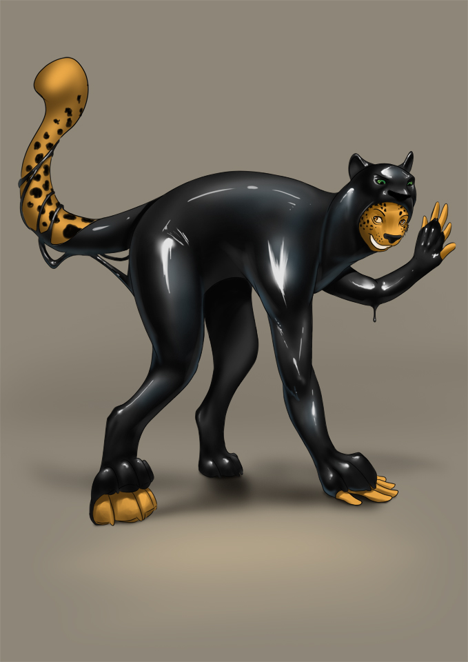 anthro digital_media_(artwork) feline feral goo jaguar latex_(artist) male mammal rubber shiny transformation