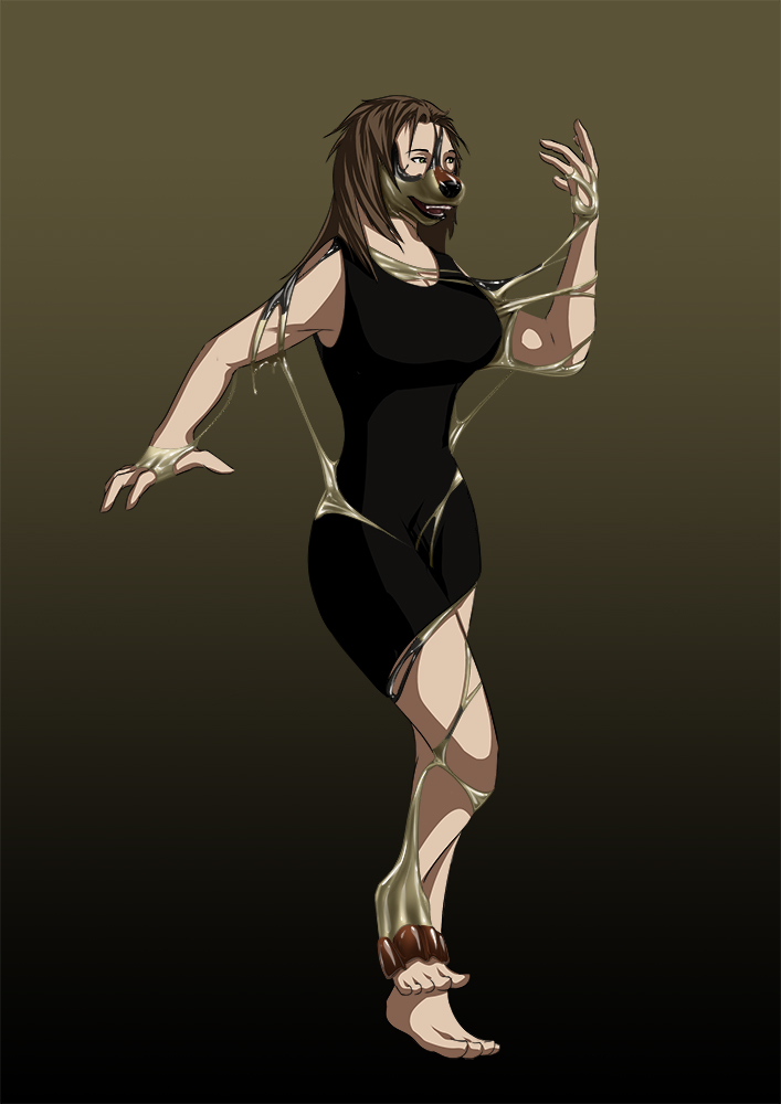anthro beiege_skin canine female green_eyes grey_skin latex_(artist) mammal northwind4633_(character) rubber shiny solo transformation