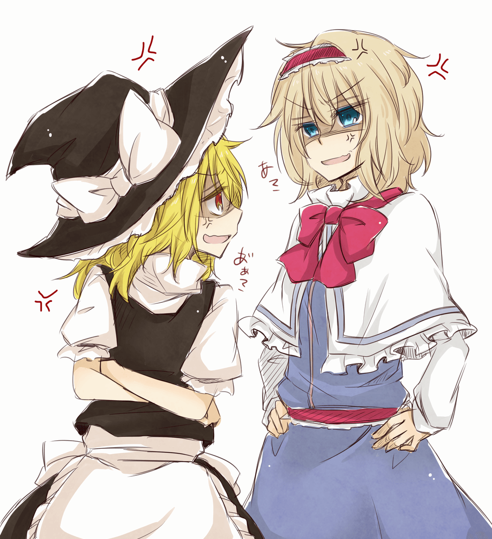 alice_margatroid anger_vein apron black_dress blonde_hair blue_dress blue_eyes capelet crossed_arms dress hairband hands_on_hips hat kirisame_marisa multiple_girls shaded_face touhou waist_apron witch_hat yellow_eyes yuuta_(monochrome)