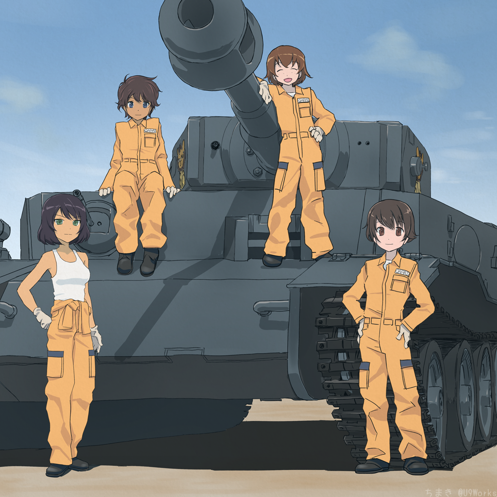 4girls :d akagi_(fmttps) arm_support bangs black_footwear blue_eyes blue_sky brown_eyes brown_hair closed_mouth clothes_around_waist cloud cloudy_sky commentary_request dark_skin day emblem eyebrows_visible_through_hair eyes_closed freckles girls_und_panzer gloves green_eyes ground_vehicle hand_on_hip hands_on_hips hoshino_(girls_und_panzer) jumpsuit leopon_(animal) light_smile long_sleeves looking_at_viewer mechanic military military_vehicle motor_vehicle multiple_girls nakajima_(girls_und_panzer) open_mouth orange_jumpsuit shadow shirt shoes short_hair sitting sky smile standing suzuki_(girls_und_panzer) tank tank_top tied_shirt tiger_(p) tsuchiya_(girls_und_panzer) twitter_username uniform white_gloves white_shirt
