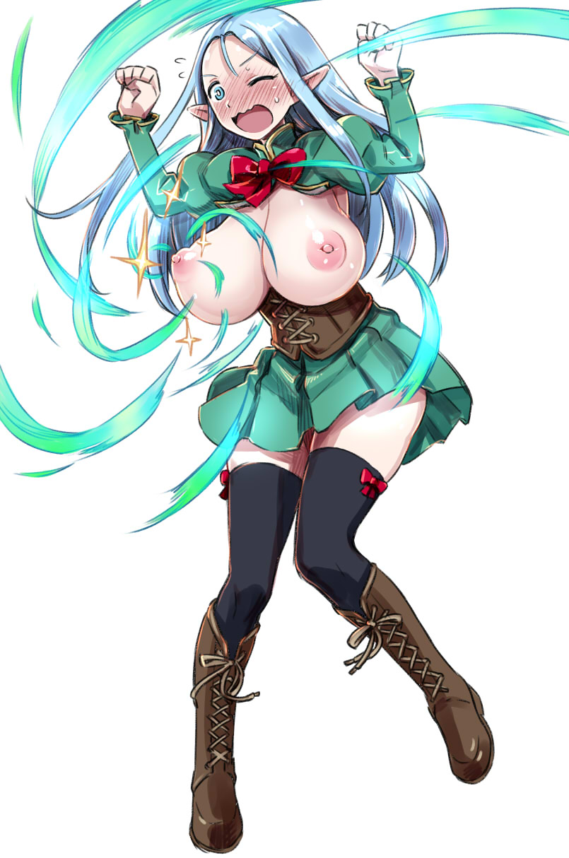 774_(nanashi) aqua_eyes arms_up blush boots breastless_clothes breasts commentary_request corset dress elf eruru_(774) flying_sweatdrops full-face_blush full_body highres huge_breasts knee_boots light_blue_hair long_hair nipples one_eye_closed open_mouth original pointy_ears simple_background solo sparkle sweatdrop thighhighs white_background wince