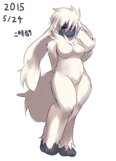 anthro big_breasts breasts canine dog featureless_breasts female furfrou japanese_text mammal ni_jikan nintendo nude pok&eacute;mon signature simple_background solo text video_games white_background