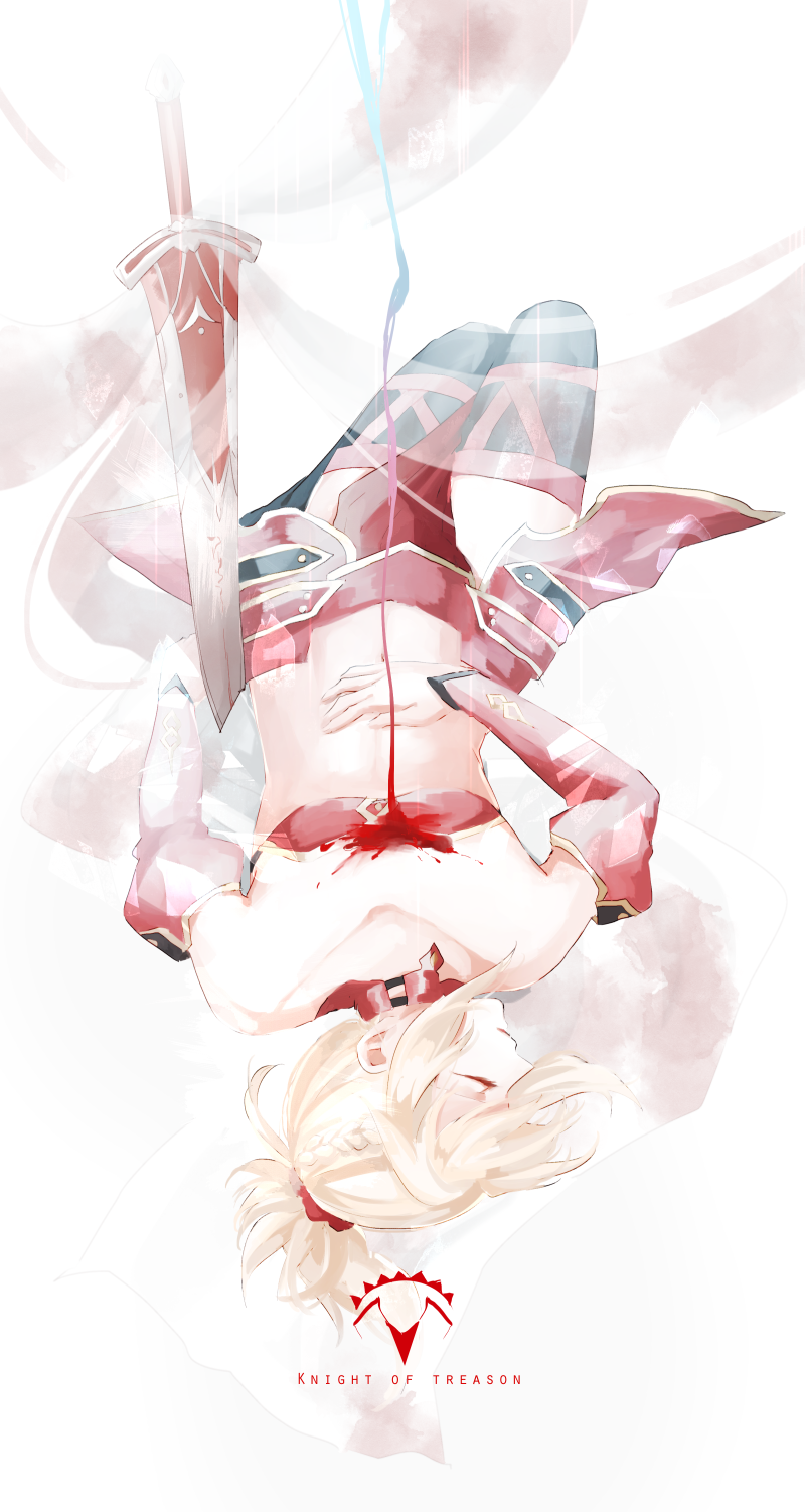 blonde_hair blood clarent closed_eyes detached_sleeves fate/apocrypha fate/grand_order fate_(series) highres lying mordred_(fate) mordred_(fate)_(all) on_back ponytail red_scrunchie scrunchie solo sooru0720 strapless thighhighs tubetop