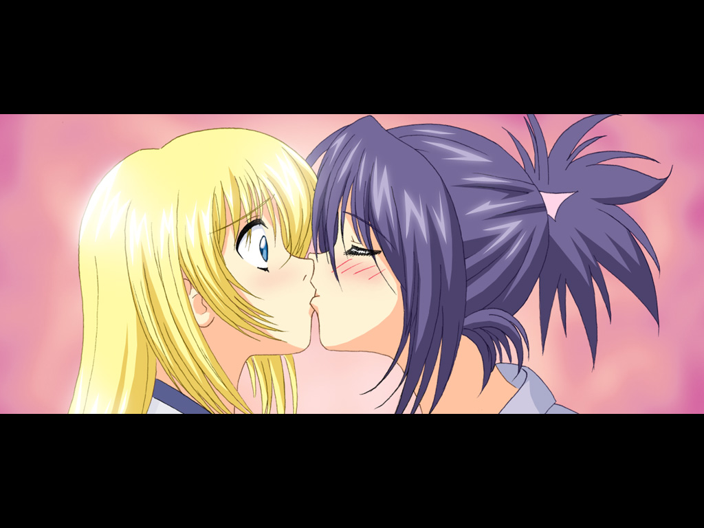 artist_request blonde_hair blush closed_eyes collet_brunel fujibayashi_shiina kiss letterboxed multiple_girls pink_background surprised tales_of_(series) tales_of_symphonia wallpaper yuri