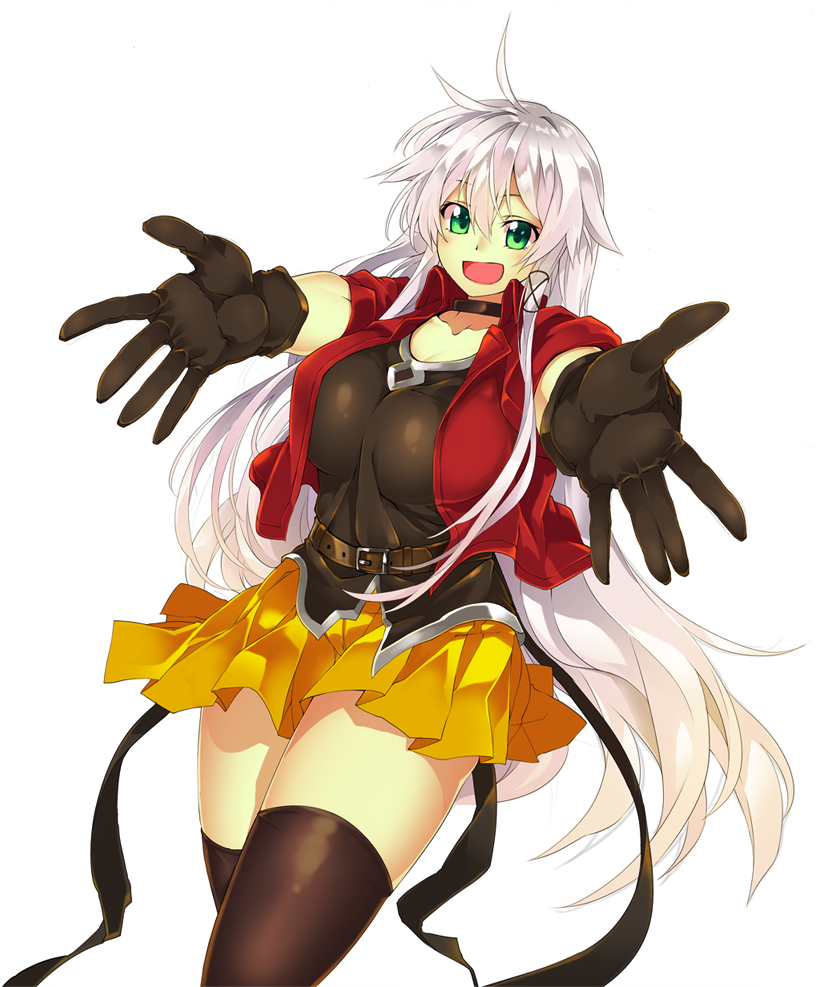 :d ahoge anceril_sacred belt black_legwear black_shirt blush borrowed_character breasts brown_gloves choker commentary_request cowboy_shot cropped_jacket gloves green_eyes izuna_nie jacket large_breasts long_hair looking_at_viewer open_clothes open_jacket open_mouth original red_jacket shirokami_project shirt silver_hair skirt smile solo thighhighs very_long_hair white_background white_hair yellow_skirt zettai_ryouiki