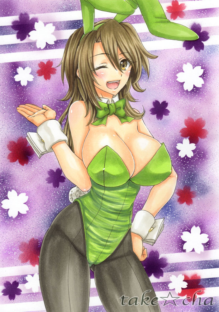 ;d animal_ears ass_visible_through_thighs bow bowtie breasts brown_eyes brown_hair bunny_ears bunny_tail bunnysuit cleavage detached_collar genderswap genderswap_(mtf) huge_breasts koizumi_itsuki_(female) long_hair marker_(medium) one_eye_closed open_mouth pantyhose smile solo suzumiya_haruhi_no_yuuutsu tail takecha traditional_media wrist_cuffs