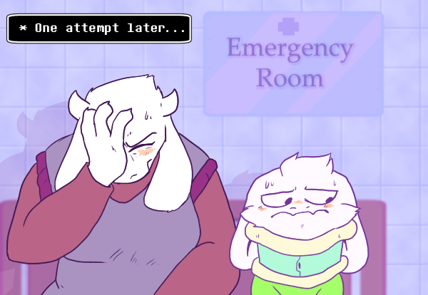 1girl alternate_costume asriel_dreemurr bench black_eyes blush broken_neck commentary facepalm goat_girl horns hospital koalacola monster_boy monster_girl mother_and_son neck_brace shirt spoilers striped striped_shirt toriel undertale what_if